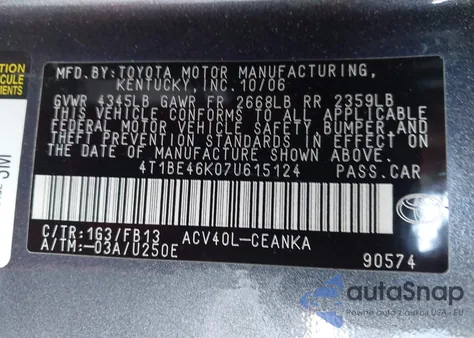 2007 Toyota Camry Le from USA, damaged, VIN 4T1BE46K07U615124